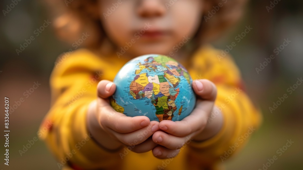 Child hands gently holding a small globe, with their face blurred in the background Child hands gently holding a small globe, with their face blurred in the background