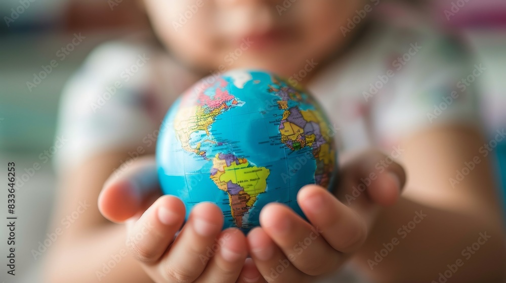 Child hands gently holding a small globe, with their face blurred in the background Child hands gently holding a small globe, with their face blurred in the background