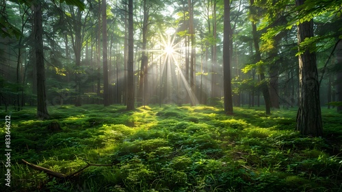 Green forest with tall trees and sunlight shining through the leaves  symbolizing nature s beauty and hope for sustainable development.