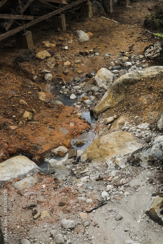 a small stream in the sikidang crater in dieng, banjarnegara that flows through a rocky and barren landscape. The rocks are of various sizes, and the ground is covered with layers of gravel and sand.