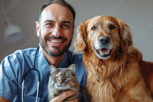 Smiling vet doctor with dog and fluffy cat