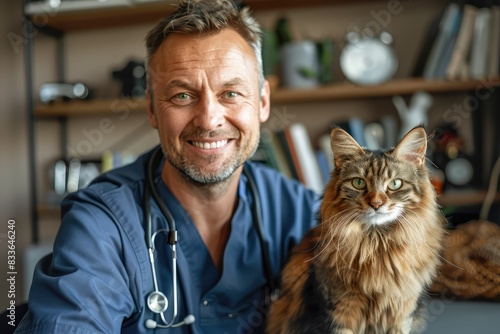 Smiling vet doctor with fluffy cat