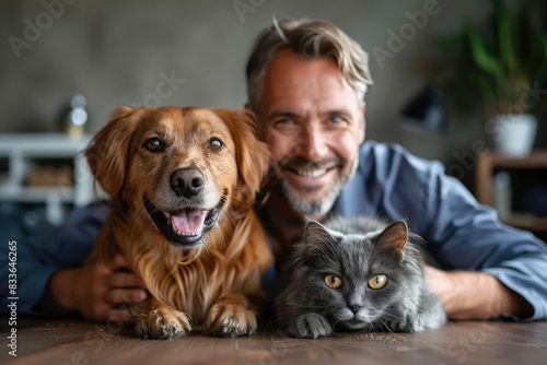 Smiling vet doctor with dog pet and fluffy cat