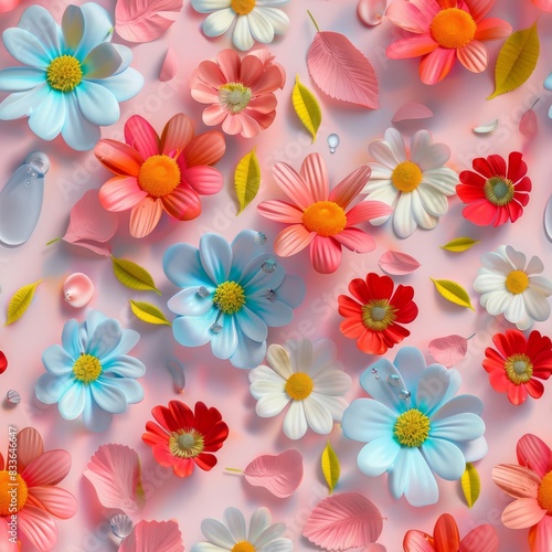 seamless repeating pattern 3d real flowers with water drop minimalist  