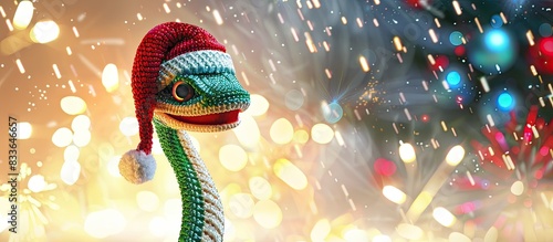 A whimsical image of a digital dinosaur wearing a festive Santa hat against a colorful, bokeh-lit background © StasySin