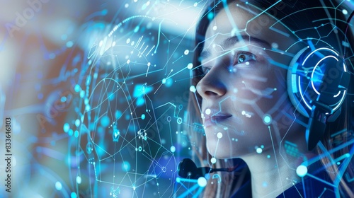 Woman using advanced virtual reality interface technology with digital data visualization overlaid, representing future tech and innovation.