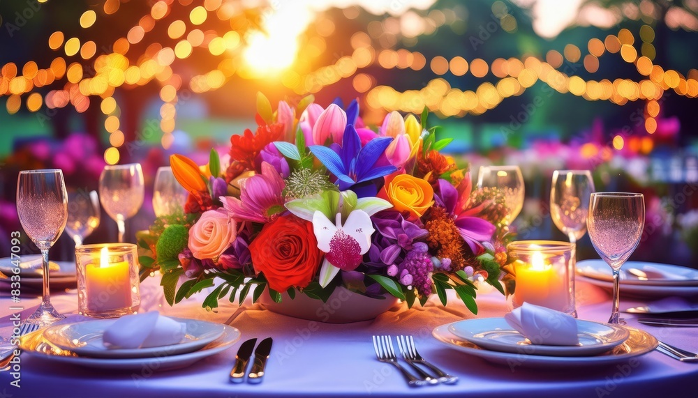 Charming outdoor dinner table with a vivid floral arrangement, soft candlelight, and magical evening lights, ideal for weddings or celebrations.