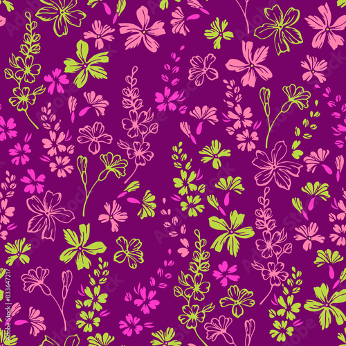 Little meadow buttercup flowers repeat pattern vector design. Millefleurs