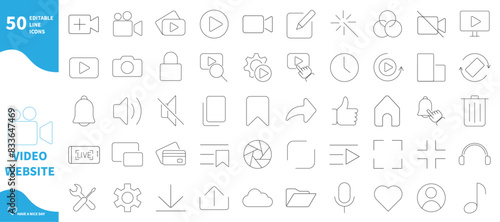 Video website interface icon. Set of video camera icons, play button, list, edit...