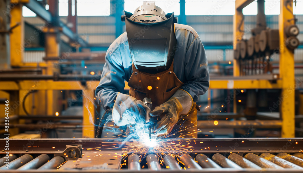 An engineer using a welding tool to repair machinery, sparks flying and safety gear in place, highlighting hands-on skills An engineer using a welding tool to repair machinery, sparks flying and safety gear in place, highlighting hands-on skills