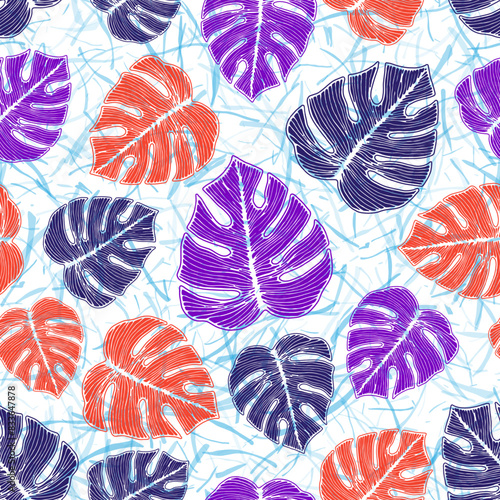 Monstera bush leaves floral seamless ornament over noisy background. Retro
