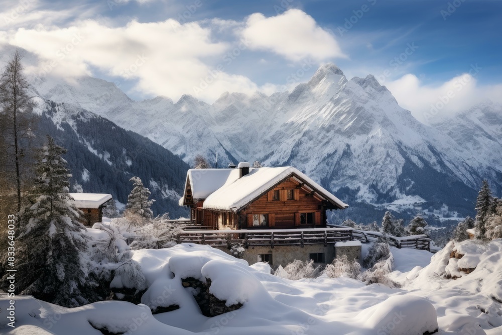Snow-covered cabin in a serene mountain landscape, with majestic alpine peaks in the background