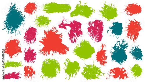 Acrylic grunge brush stroke vector bundle. Isolated smudge blotch hipster shapes. Blob paintbrush textured sticker stencil pack. Daub gouache stains drawing.