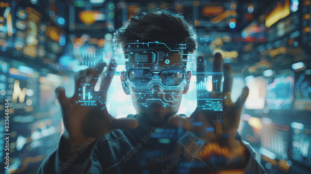 Fototapeta premium Financial report, stock market, and infographic data analysis in virtual space. With holographic.