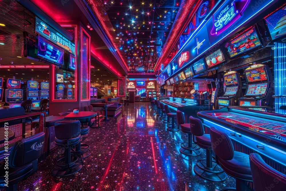 This image captures the colorful and dynamic atmosphere of a casino interior with bright neon signs and slot machines This image captures the colorful and dynamic atmosphere of a casino interior with bright neon signs and slot machines