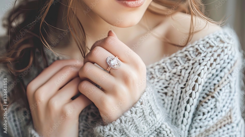a woman elegantly wearing a smart ring, highlighting the sleek design of the ring and her poised hand.