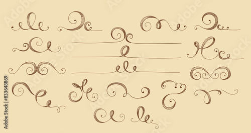 Retro swirl ornaments. Ornamental floral curls borders set. Vintage brown and beige card, hand-drawn, vector sketch. Old design. Line graphics.  