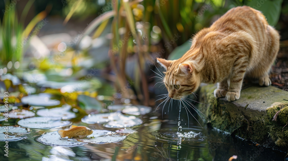 A curious cat lurks by the edge of a garden pond, intensely focusing on the water as it tries to catch a fish, capturing a moment of natural hunting behavior. A curious cat lurks by the edge of a garden pond, intensely focusing on the water as it tries to catch a fish, capturing a moment of natural hunting behavior.