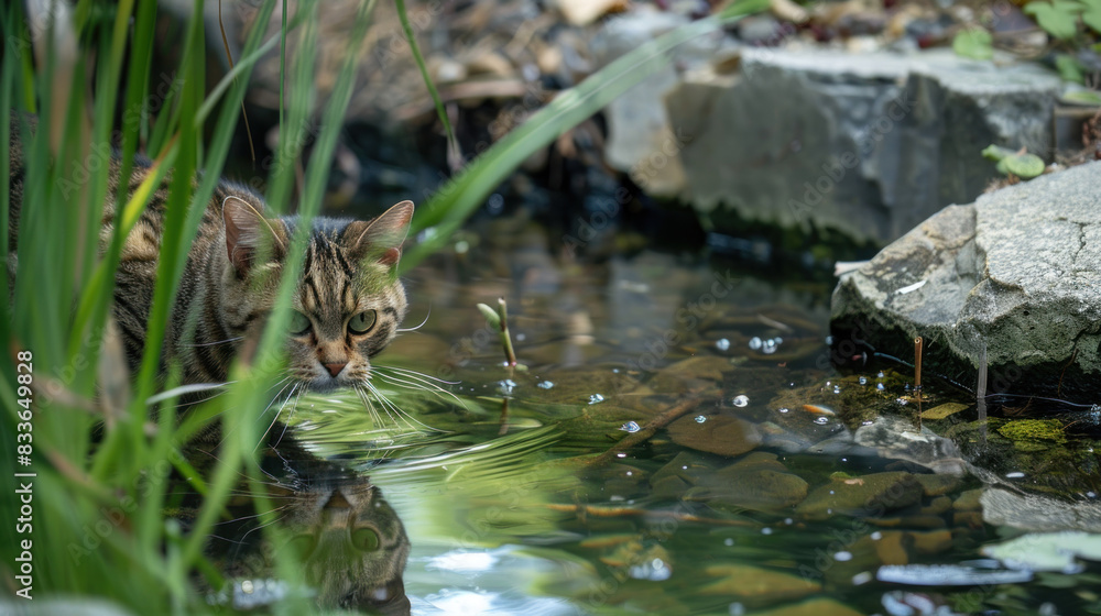 Obraz premium A curious cat lurks by the edge of a garden pond, intensely focusing on the water as it tries to catch a fish, capturing a moment of natural hunting behavior.