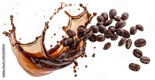 Fototapeta samoprzylepna Roasted coffee beans splashing in delicious coffee, cut out