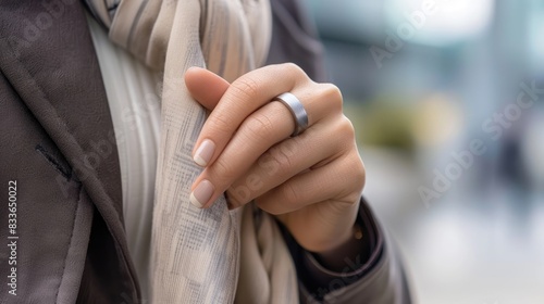 a woman elegantly wearing a smart ring, highlighting the sleek design of the ring and her poised hand.