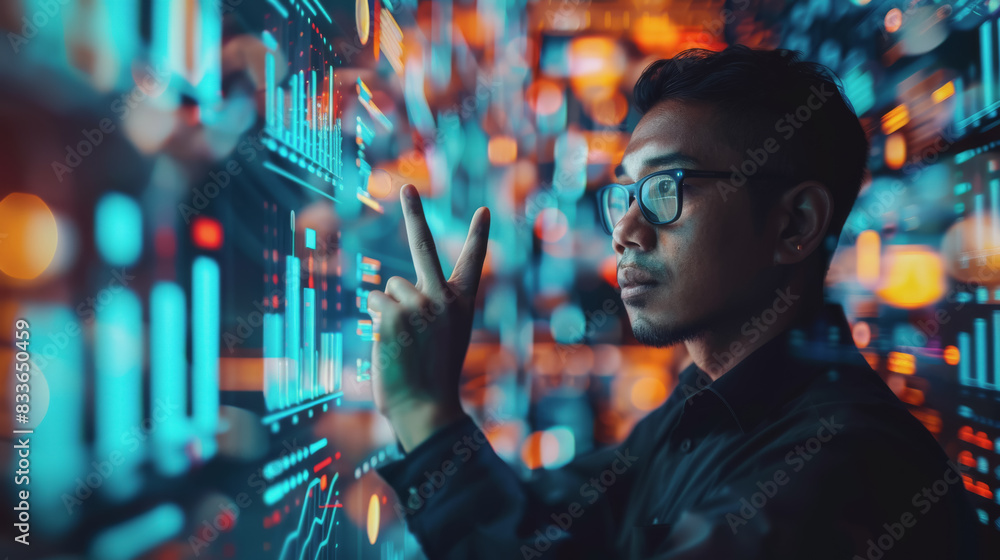 Financial report, stock market, and infographic data analysis in virtual space. With holographic. Financial report, stock market, and infographic data analysis in virtual space. With holographic.