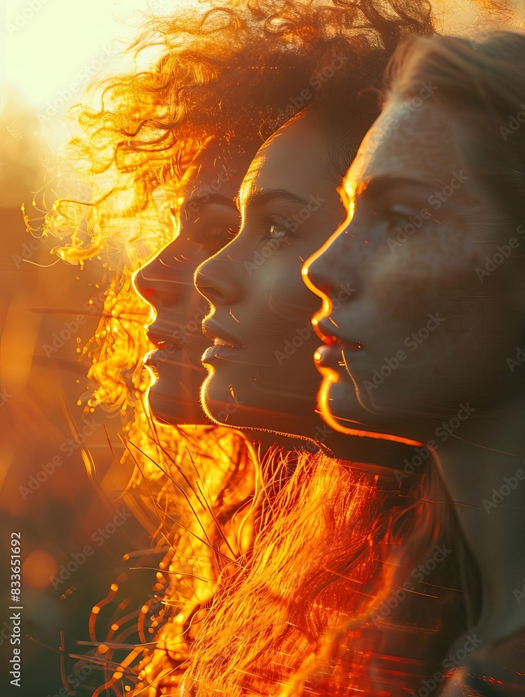 Three women looking towards the horizon, bathed in warm golden light at sunset, showcasing natural beauty and diverse hairstyles. Three women looking towards the horizon, bathed in warm golden light at sunset, showcasing natural beauty and diverse hairstyles.