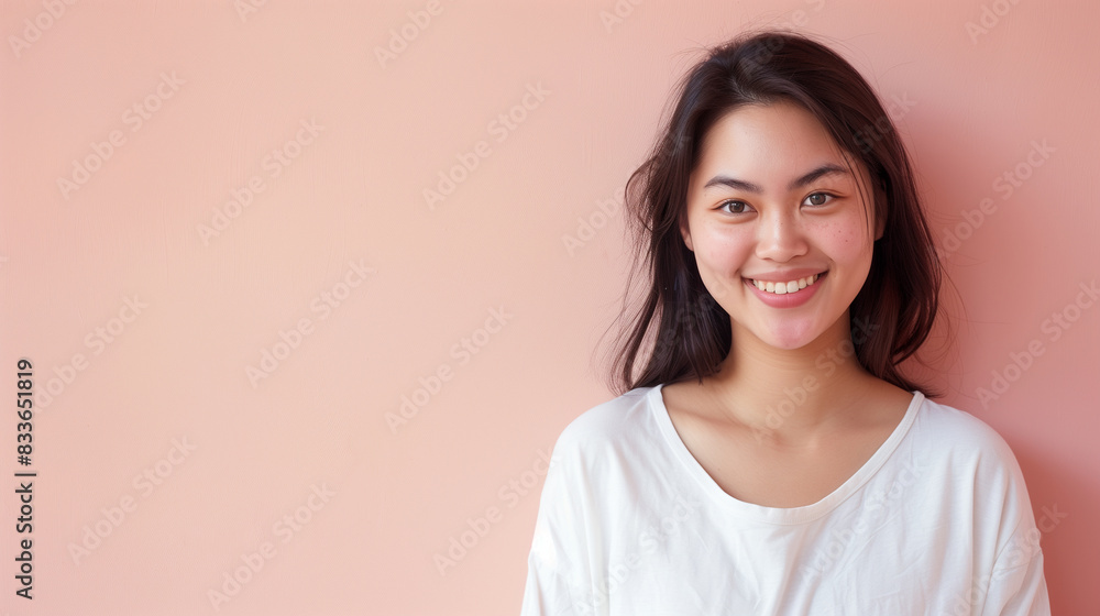 Asian woman standing smiling, half body visible, white clothing with long sleeves Behind it is a light pink wall. Asian woman standing smiling, half body visible, white clothing with long sleeves Behind it is a light pink wall.