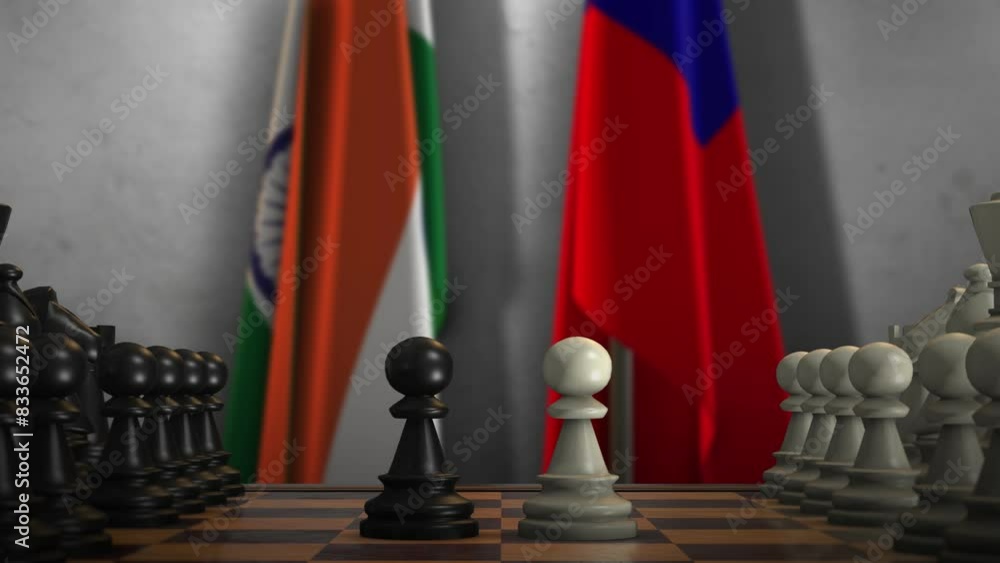 Taiwan and India Flags with Chess Game Animation. Politics Concept, Government Conflict Taiwan and India Flags with Chess Game Animation. Politics Concept, Government Conflict