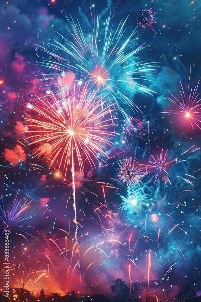 Fototapeta premium Colorful fireworks explode in the night sky, creating a vibrant display of light and celebration.