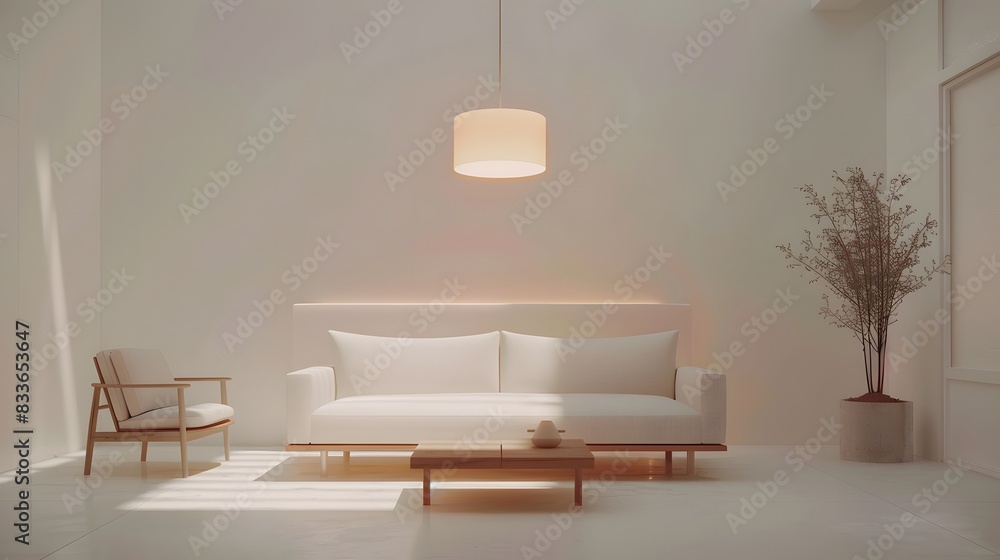 Photo of a minimalist living room with white walls and a sofa on the right side, white background, in the style of minimal interior design. Photo of a minimalist living room with white walls and a sofa on the right side, white background, in the style of minimal interior design.