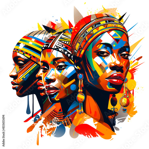Portrait of a beautiful African woman's face on a white background. It has amazing vivid colors.