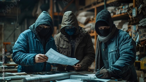 Masked Robbers Planning a Heist in Dimly Lit Warehouse photo