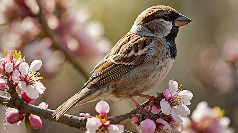 Cute little sparrow bird sit on the branch in a sunny spring garden Cute little sparrow bird sit on the branch in a sunny spring garden