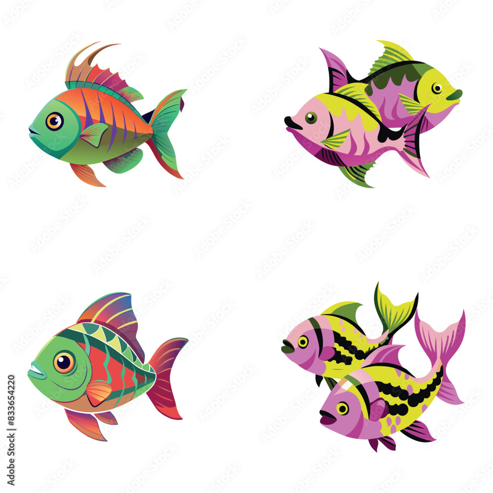 Naklejka premium Vibrant tropical fish illustrations celebrating ocean wonders. Perfect for marine-themed designs.