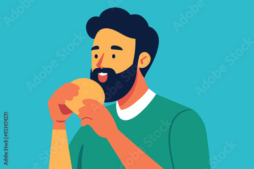 of a man with a beard eating a burger. The scene takes place on a street, with trees, a street lamp and buildings in the background.