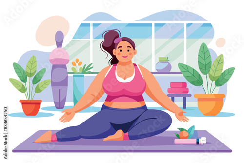 fat girl performing stretching in a seated position on a yoga mat. Furnishings cozy room with large window, plants and furniture theme related to fitness, health, indoor exercise or home workout.