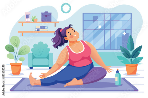 fat girl performing stretching in a seated position on a yoga mat. Furnishings cozy room with large window, plants and furniture theme related to fitness, health, indoor exercise or home workout.
