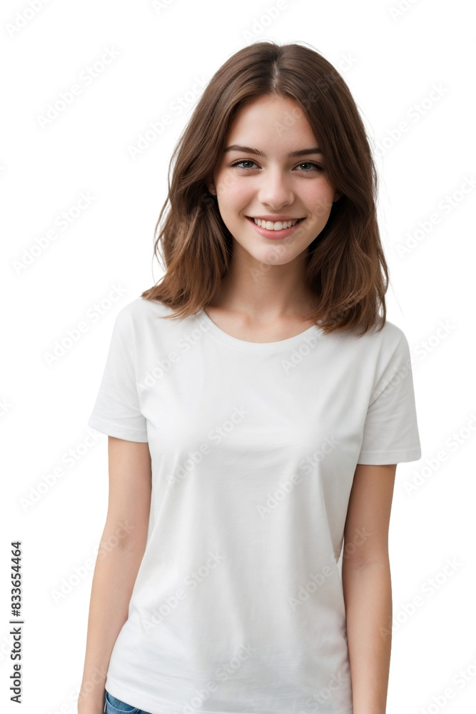 Portrait of a European woman wearing white t-shirt, smiling and looking at the camera, isolated, transparent background, no background. PNG. Portrait of a European woman wearing white t-shirt, smiling and looking at the camera, isolated, transparent background, no background. PNG.