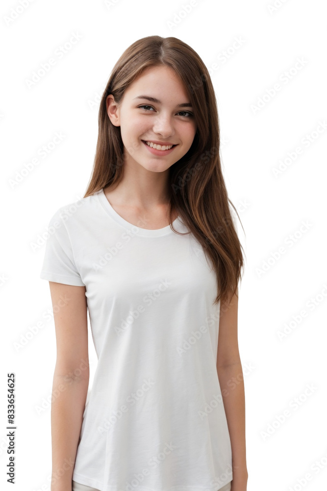 Portrait of a European woman wearing white t-shirt, smiling and looking at the camera, isolated, transparent background, no background. PNG. Portrait of a European woman wearing white t-shirt, smiling and looking at the camera, isolated, transparent background, no background. PNG.