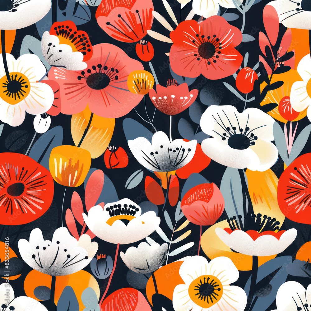 Fototapeta premium Abstract flowers pattern with vibrant colors and modern blooms. Seamless floral background perfect for wrapping paper and textile prints. Flat vector illustration with endless repeating texture.