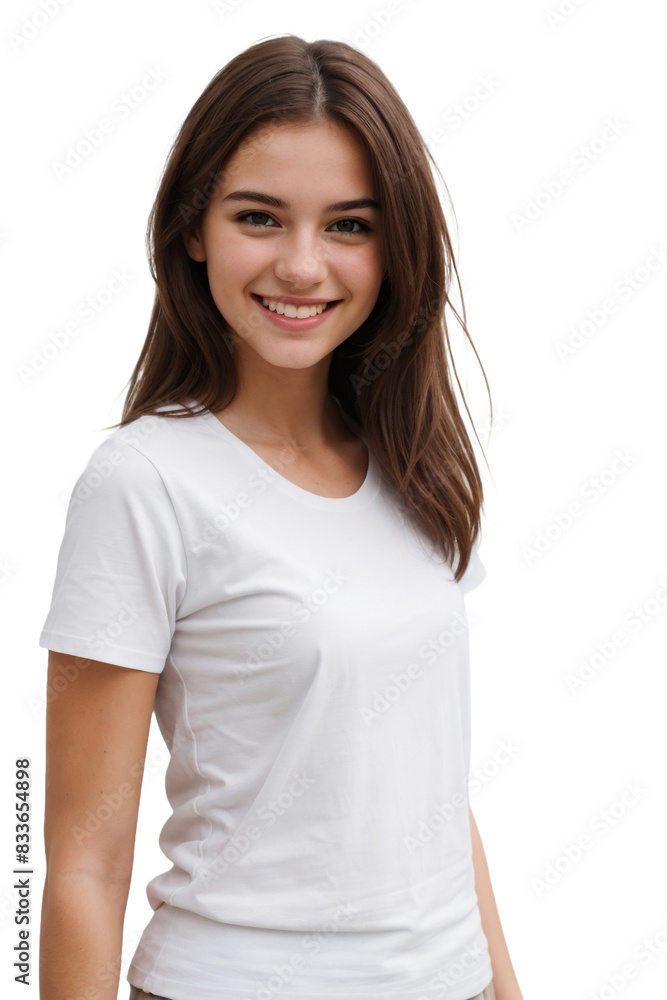 Portrait of a European woman wearing white t-shirt, smiling and looking at the camera, isolated, transparent background, no background. PNG. Portrait of a European woman wearing white t-shirt, smiling and looking at the camera, isolated, transparent background, no background. PNG.