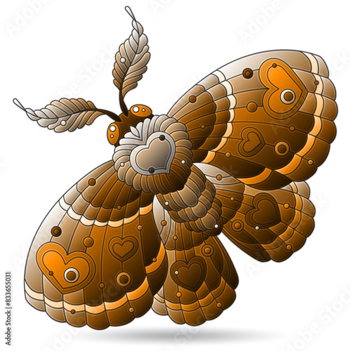 Stained glass illustrations with a moth, animal isolated on a white background, tone brown photo