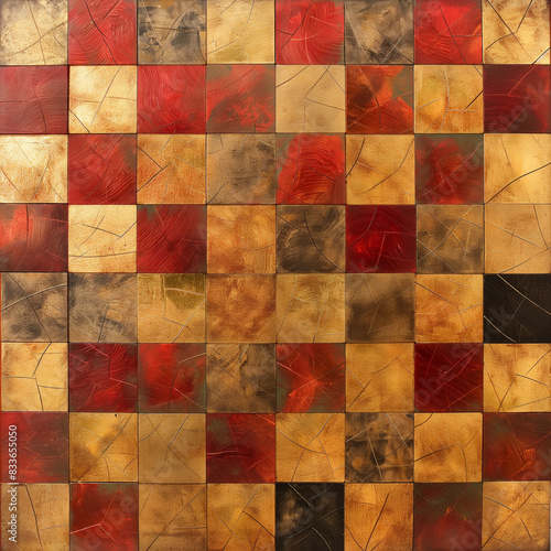 Checkerboard pattern with 10 rows. The top row in red diffrerent tones and gold in different tones which after four rows turns into gold, copper and slver in different tones to finish photo