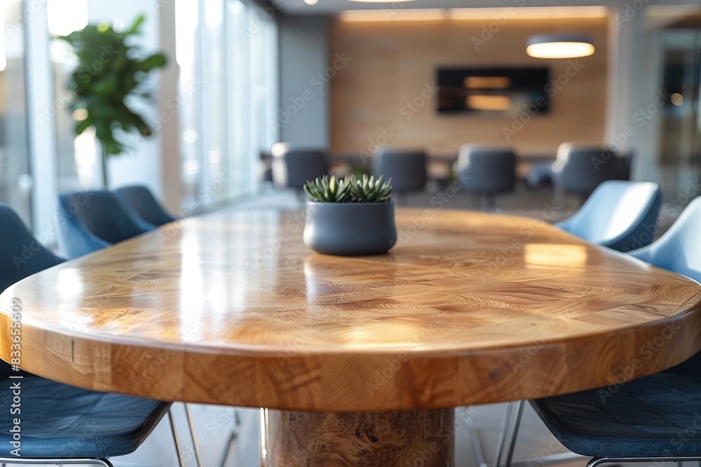 Elegantly designed wooden table in a modern office setting with natural light and plants Elegantly designed wooden table in a modern office setting with natural light and plants