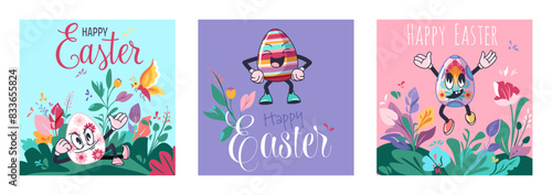 Set of Easter poster with happy Holiday personage Groovy egg character among spring flower