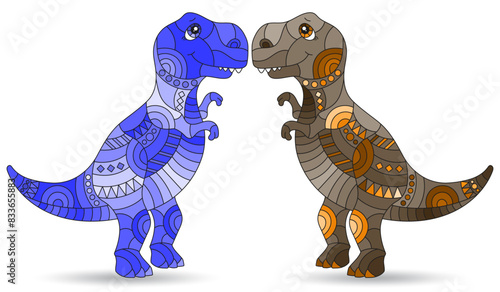Set of illustrations in the style of stained glass with dinosaurs  animals isolated on a white background