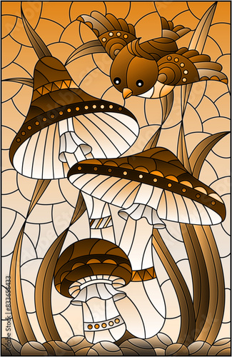 An illustration in the style of a stained glass window with a mushrooms, grass and a burd 