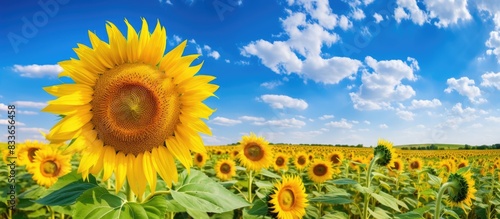 Beautiful sunflower in a sunflower field under the clear light and perfectblue sky. Creative banner. Copyspace image