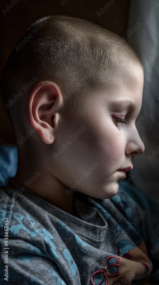 A young boy with a shaved head is looking out through a window A young boy with a shaved head is looking out through a window